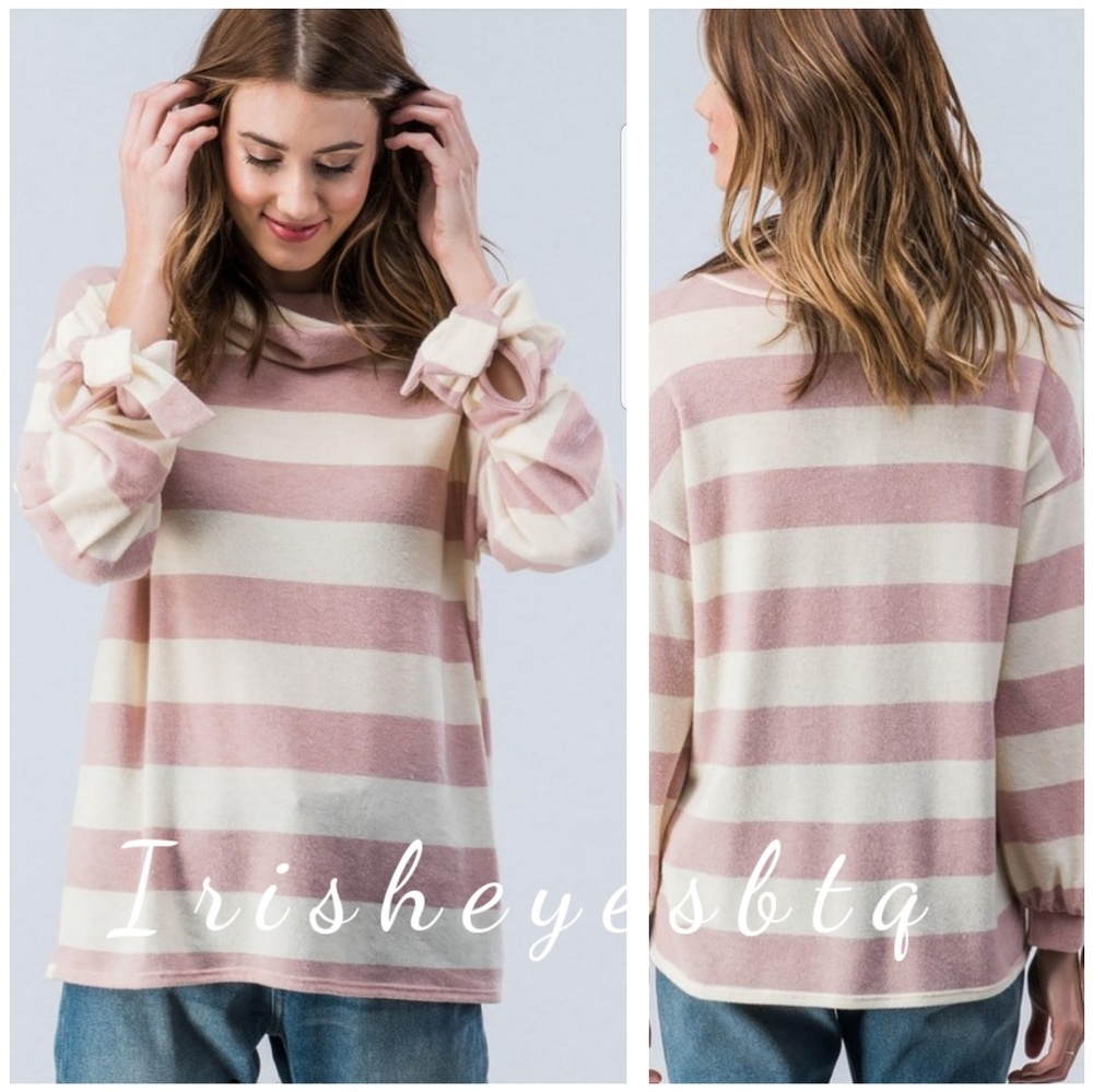Cowl Neck Blush Striped Bow Cuff Top - Picture 2 of 4